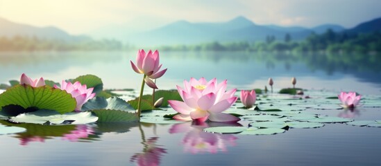 Lotus flowers and mountain backdrop