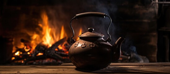 A kettle by a blazing fire on a table