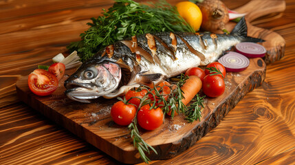 Baked dorado fish with vegetables on a wooden kitchen board