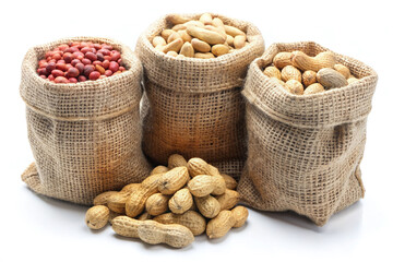 Peanuts in burlap sacks, isolated white background. cut out