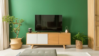 Obraz premium Simplicity in Green: A Minimalist Muji-Inspired Living Room with TV on Cabinet