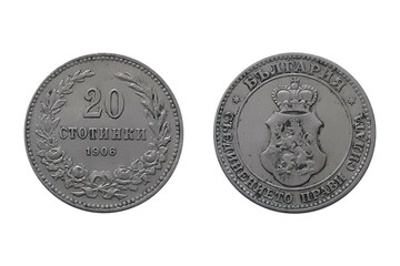 20 Stotinki 1906 Ferdinand I on white background. Coin of Bulgaria. Obverse Crowned arms within...