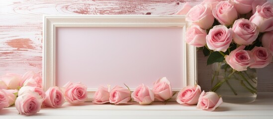 Pink roses and white frame on table