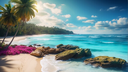 Tropical sea with fishes, blue sky, clean water. 3D Illustration
