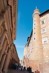 Italy, 25 April 2024: Renaissance architecture of the historic center of Urbino with its Palazzo...