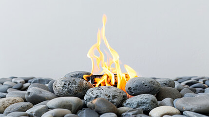 A  bonfire, nestled among lovely stones, set against a pure white background