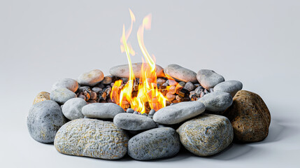 A warm and inviting bonfire, encircled by beautiful stones, against a pristine white backdrop