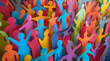 An intricate close-up view of a large, multicultural paper cut-out crowd, each figure uniquely crafted to celebrate diversity