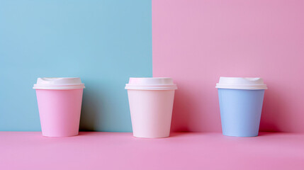 a group of coffee cups on a pink and blue background