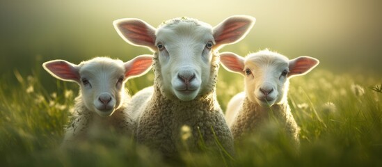 Sheep in sunlit grass field