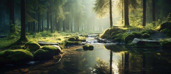 Stream among lush moss in forest