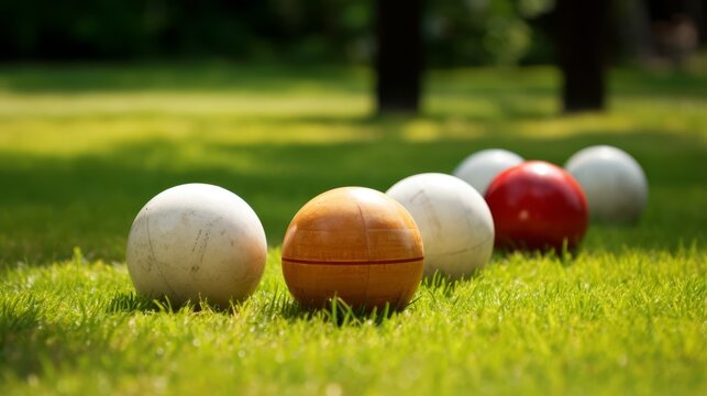 Bocce balls on a lawn, emphasizing strategy and outdoor fun,