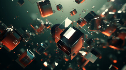 Abstract 3D shapes floating in a digital void, with a focus on futuristic and technology themes,