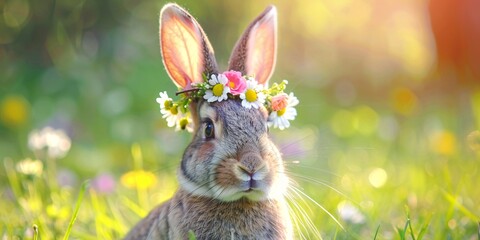 a rabbit with flowers on its head
