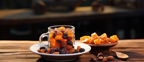 Glass jar filled with dried fruit on a plate
