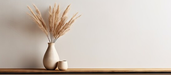 Vase holds dried grass on high shelf