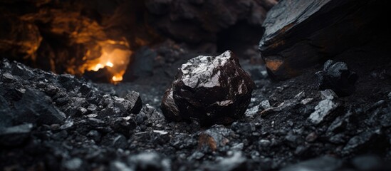 Lit candle casting light on rock in coal mine