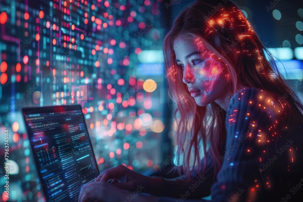 Poster mysterious woman with face hidden coding on a laptop against a backdrop of complex data patterns