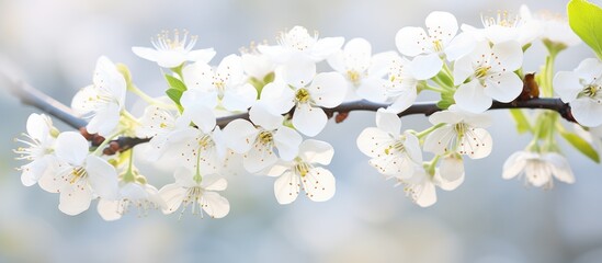 A tree branch adorned with blooming white flowers