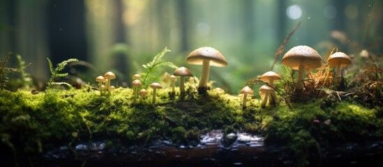 Mushrooms sprout on mossy forest floor - obrazy, fototapety, plakaty