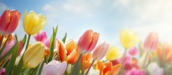 Vibrant tulips under clear blue sky