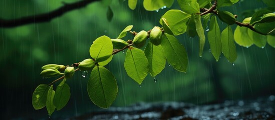 Branch with green leaves in rain