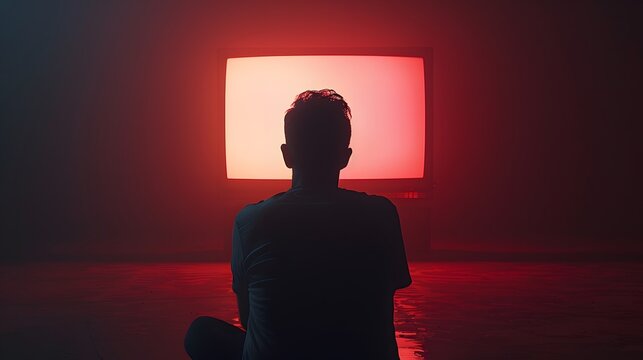 A person in the flickering light of the television screen, viewers stare blankly at a world devoid of color or excitement