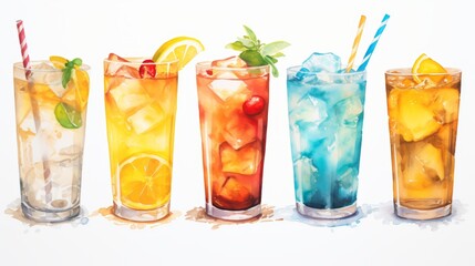 Artistic portrayal in watercolor of summer refreshments, a variety of cocktails, homemade lemonade, and iced coffee, neatly isolated on a white backdrop