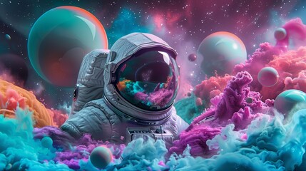 Artistic generative AI creation of an astronaut in a pop art style, exploring a galaxy of colorful bubbles on a foreign planet, in portrait orientation - obrazy, fototapety, plakaty