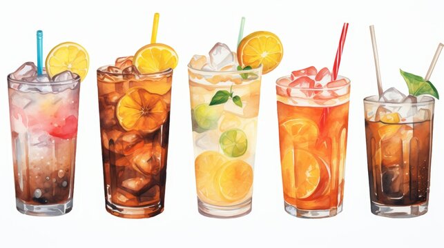 Artistic portrayal in watercolor of summer refreshments, a variety of cocktails, homemade lemonade, and iced coffee, neatly isolated on a white backdrop