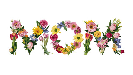 Happy Mother's Day, Mom text written with flowers, isolated on transparent, PNG, background