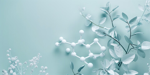 foliage intertwined with 3D molecular structure on a soft blue background