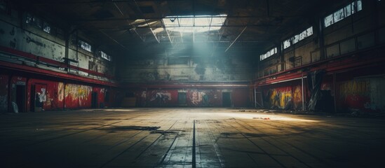 Large warehouse adorned with graffiti - obrazy, fototapety, plakaty