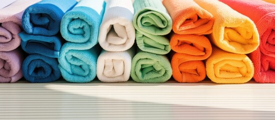 Colorful towels stacked on table