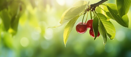 Two red cherries on a tree branch with green leaves