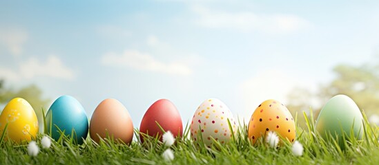 Naklejka premium Colored Easter eggs nestled amidst green grass