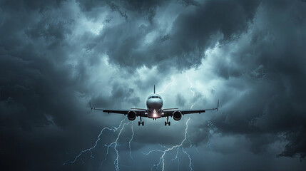 Passenger plane in a night stormy sky with lightning