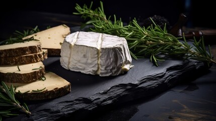 Organic goat cheese on a slate board, artisanal food concept, farm setting, - obrazy, fototapety, plakaty