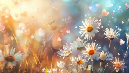 Obraz na płótnie Canvas beautiful daisies flowers, hearts flying in the air