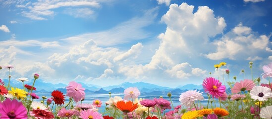 Fototapeta premium Colorful wildflowers against mountain backdrop