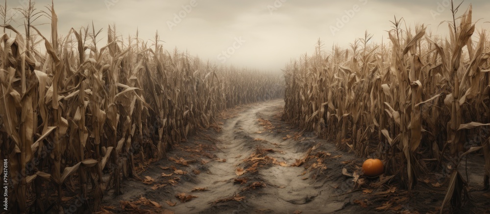 Poster path through cornfield with pumpkin