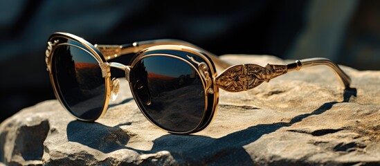 Stylish golden sunglasses on textured rock
