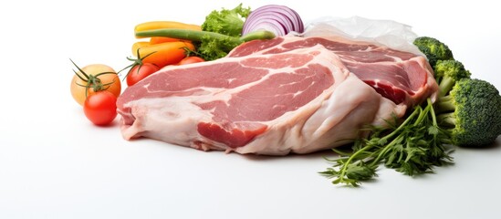 Close-up of meat and vegetables on white surface