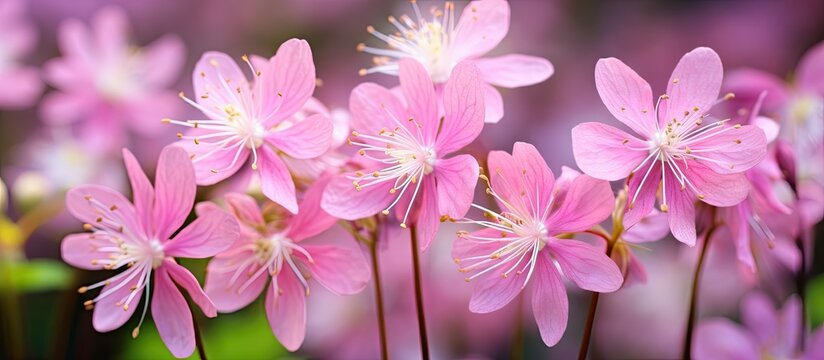 Pink flowers with white stamens in field