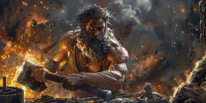 Iconic figure of Hephaistos, known as Vulcan in Roman mythology, revered as the god of fire, craftsmanship, and blacksmiths in both Greek and Roman cultures.