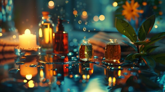 Hyperrealistic close-up of a spa scene: every drop of water on essential oil bottles, every flicker of candlelight, meticulously rendered