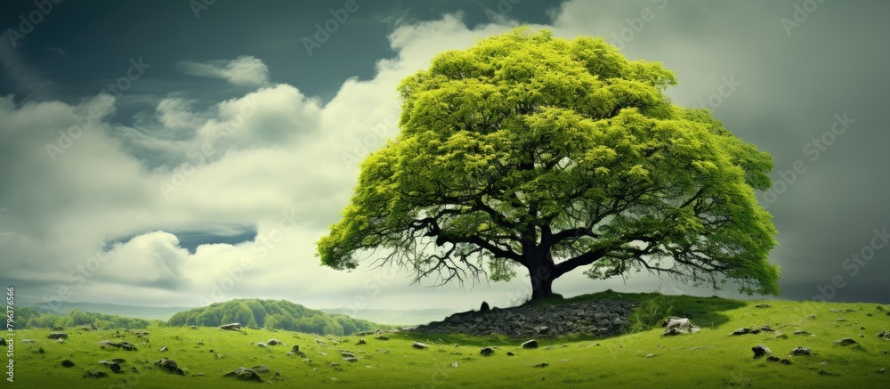 Poster tree on hill amidst rocks and grass under cloudy sky