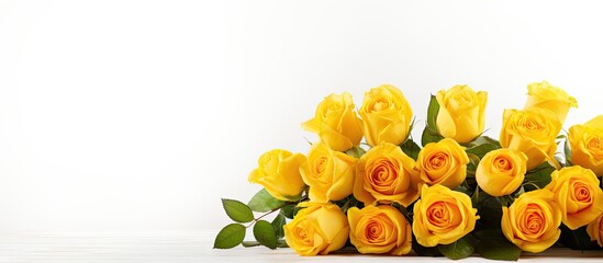 Yellow roses arranged in a bouquet on a plain surface