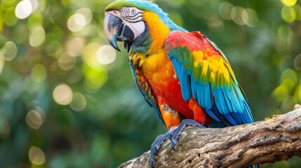 Fototapeta premium Macaw parrot with dazzling rainbow plumage, perched on a weathered branch