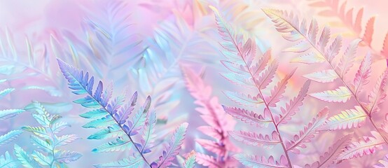 Colorful pastel pink and blue fern leaves on a soft background